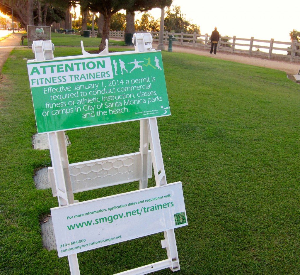 Signs in Palisades Park in Santa Monica remind trainers that new regulations covering group exercise classes in the park went into effect January 1. Photo: Saul Rubin 