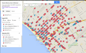 The Santa Monica Fire Department keeps a google map of traffic collisions in Santa Monica. There are nearly 100 injuries and an average of five deaths every year on Santa Monica's streets. 