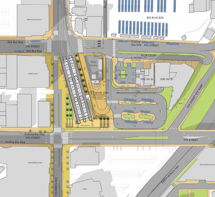 Proposed "six bay" iteration of Big Blue Bus' plans for transit site adjacent to Expo Light Rail stop at 4th and Colorado.