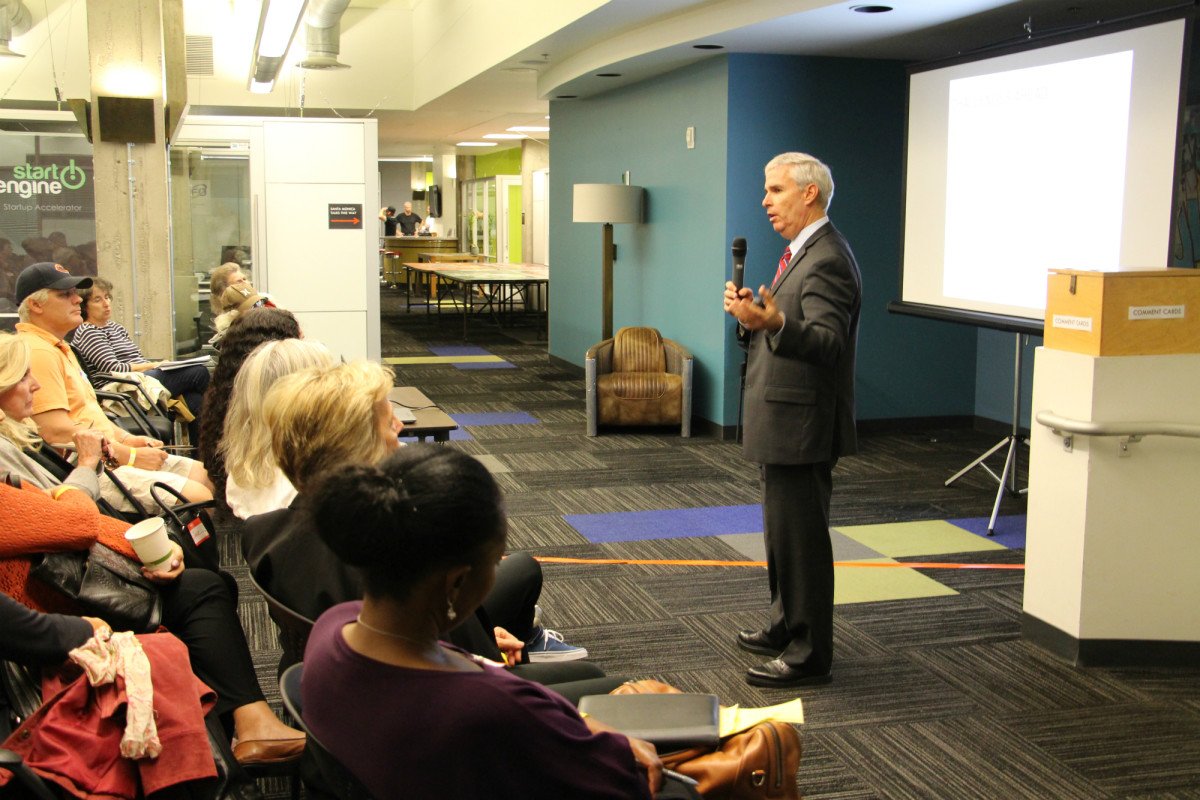 Santa Monica City Manager Rod Gould, who will retire at the end of this year, address a crowd at Real Office Center in Downtown Santa Monica at the final Santa Monica Talks event. (Photo by Jeffrey Snyder, 2014)