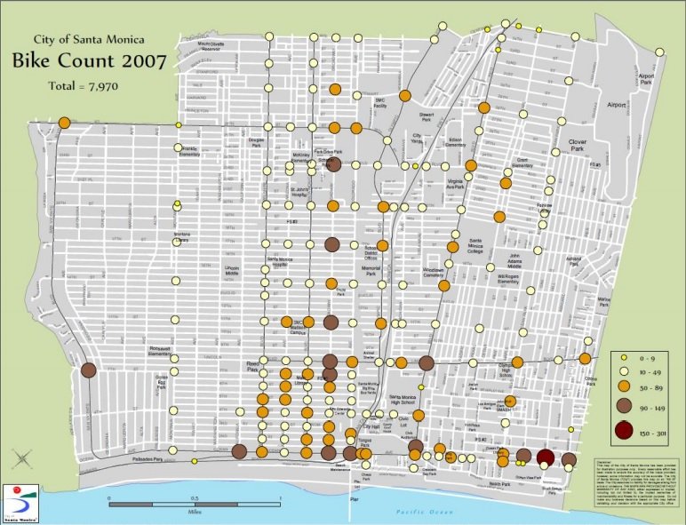 From the City's bike count in 2007. High bike density intersections (intersections that see between 150 and 300 bikes pass through) are indicated with deep red circles.