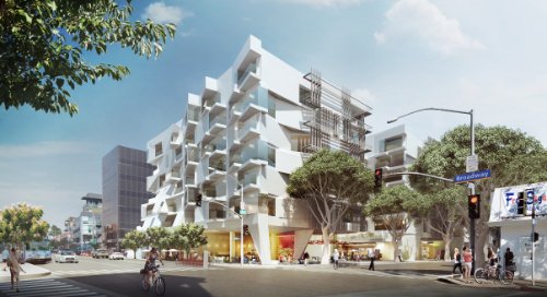 A rendering of a proposed housing project at 500 Broadway in Downtown Santa Monica.