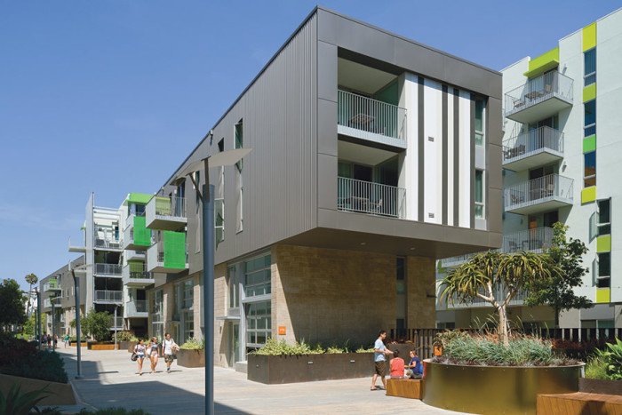 The Civic Center Village project is an example of what Santa Monica's AHPP accomplishes. It includes 160 units of affordable housing project financed by the market-rate housing in the project. The affordable component is managed by Community Corporation of Santa Monica, the city's lead nonprofit housing developer. Photo by Eric Staudenmaier.