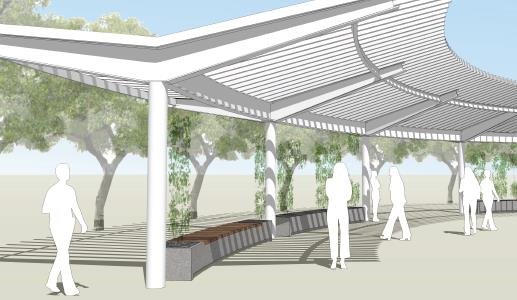 A closer look at the shaded pavilions.