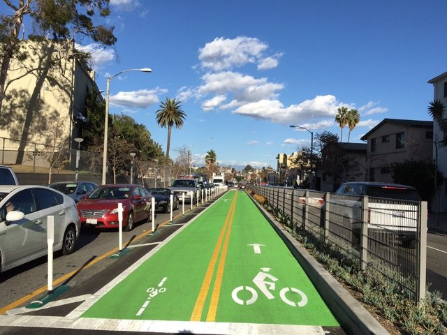Santa Monica's Capital Improvement Projects budget includes more than $10 million for street safety improvements, like this separated bike lane on Pico Boulevard that makes crossing the busy thoroughfare safer and easier for people on bikes.