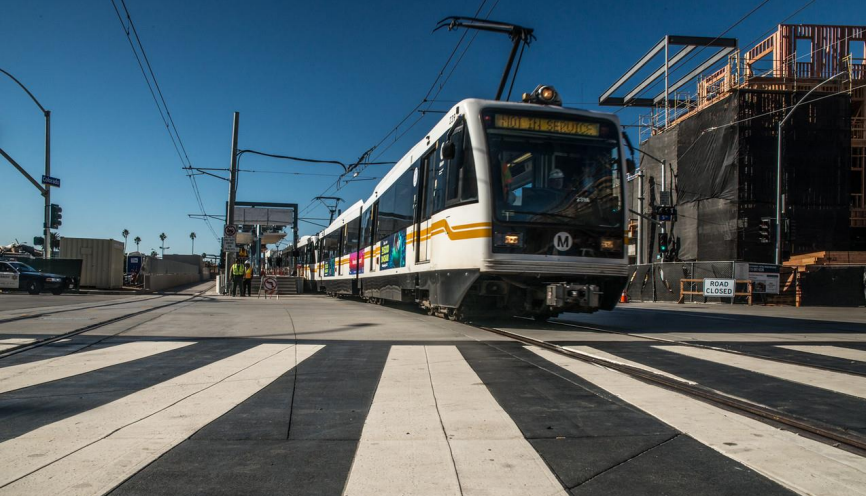 Expo trains testing in Downtown Los Santa Monica. Photo via Expo Construction Authority report.