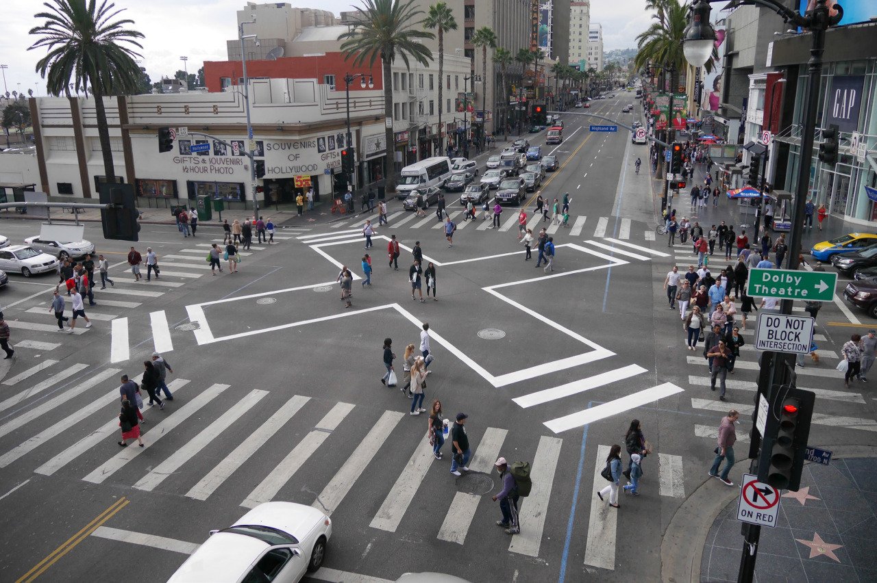 A scramble crossing at the busy intersection at Hollywood and Vine. Photo via L.A. Great Streets.