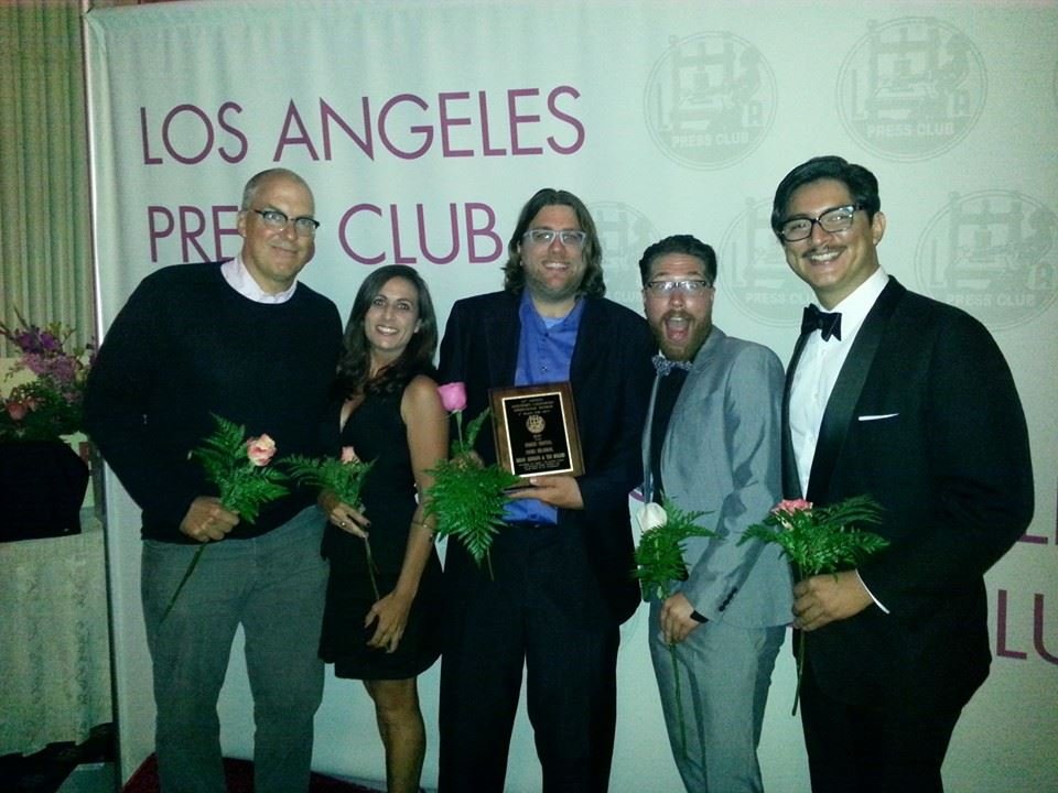 The 2013 Streetsblog L.A. team celebrates our win as best blog at last night's L.A. Press Club Awards Banquet: Joe, Sahra, Damien, Brian, and Kris. Missing from the picture are Suzy Chavez, Dana Gabbard, Gary Kavanagh, and Ted Rogers.