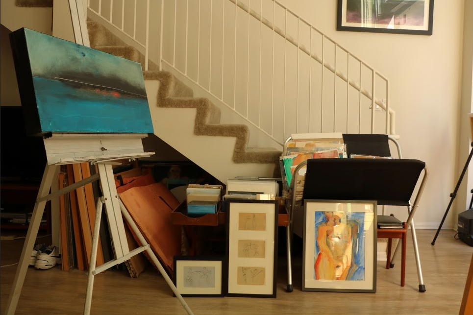 Baroff's "portfolio," as he calls it, sits behind his drafting table.