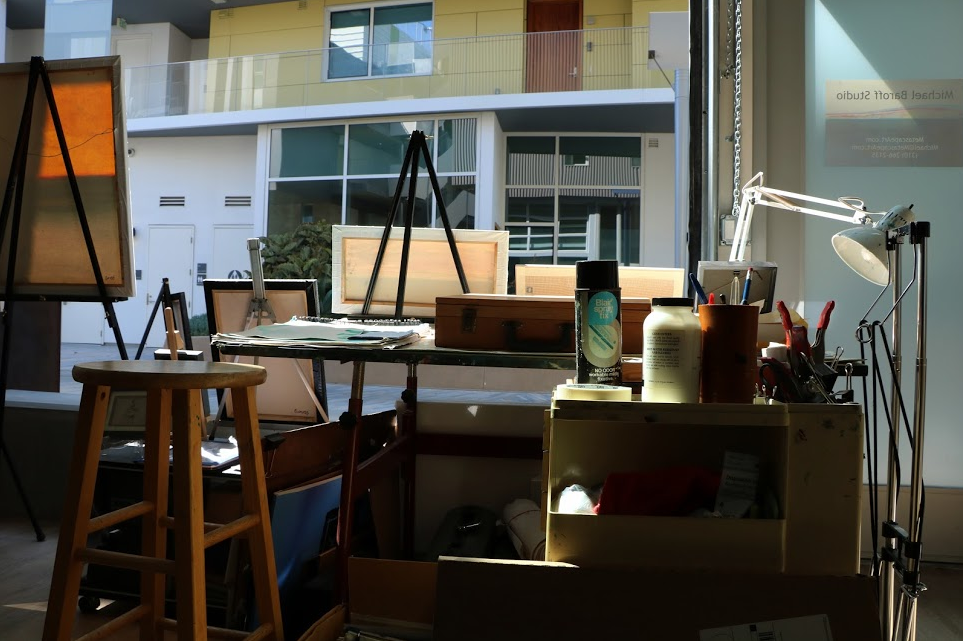 Baroff's drafting table looks out on to the pedestrian street outside his studio.