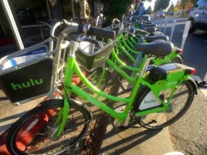 The distinctive bright green bikes of Santa Monica’s bike share program are ready for use at a rental station on Ocean Park Boulevard. Santa Monica’s program s offers 500 bicycles located at 85 different locations throughout the city and Venice.