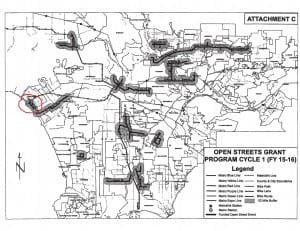 This map shows potential open streets events around L.A. county. Santa Monica's even is circled in red (map from Metro documents).