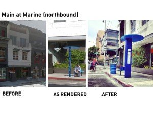 A before-and-after comparison of the bus stop at Main Street and Marine. Image from Big Blue Bus