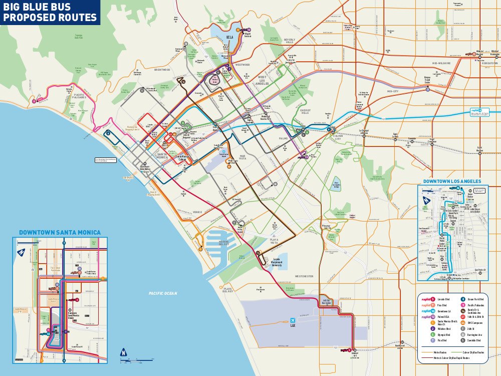 A map of the proposed changes to the Big Blue Bus' routes.