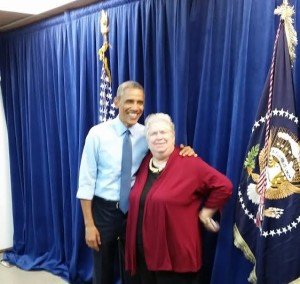 President Barack Obama poses for a picture with Santa Monica Mayor Pam O'Connor. (Photo by Los Angeles Mayor Eric Garcetti)