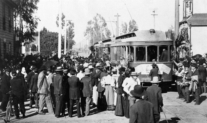 Opening of the electric railway from Los Angeles to Santa Monica, April 1, 1896. The extensive Pacific Electric Railroad easily transported to the beaches people from across the Greater Los Angeles Area. (Photo from waterandpower.org)