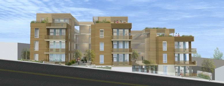 A rendering of the 32-unit project proposed for 1112-1122 Pico Boulevard. In 2014, aside from the rescinded Papermate project, this was the only housing project approved by the City Council.  (Rendering from the staff report)
