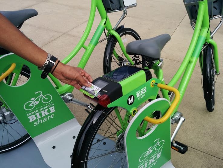 Testing out the "smart-bike" in front of Santa Monica City Hall.
