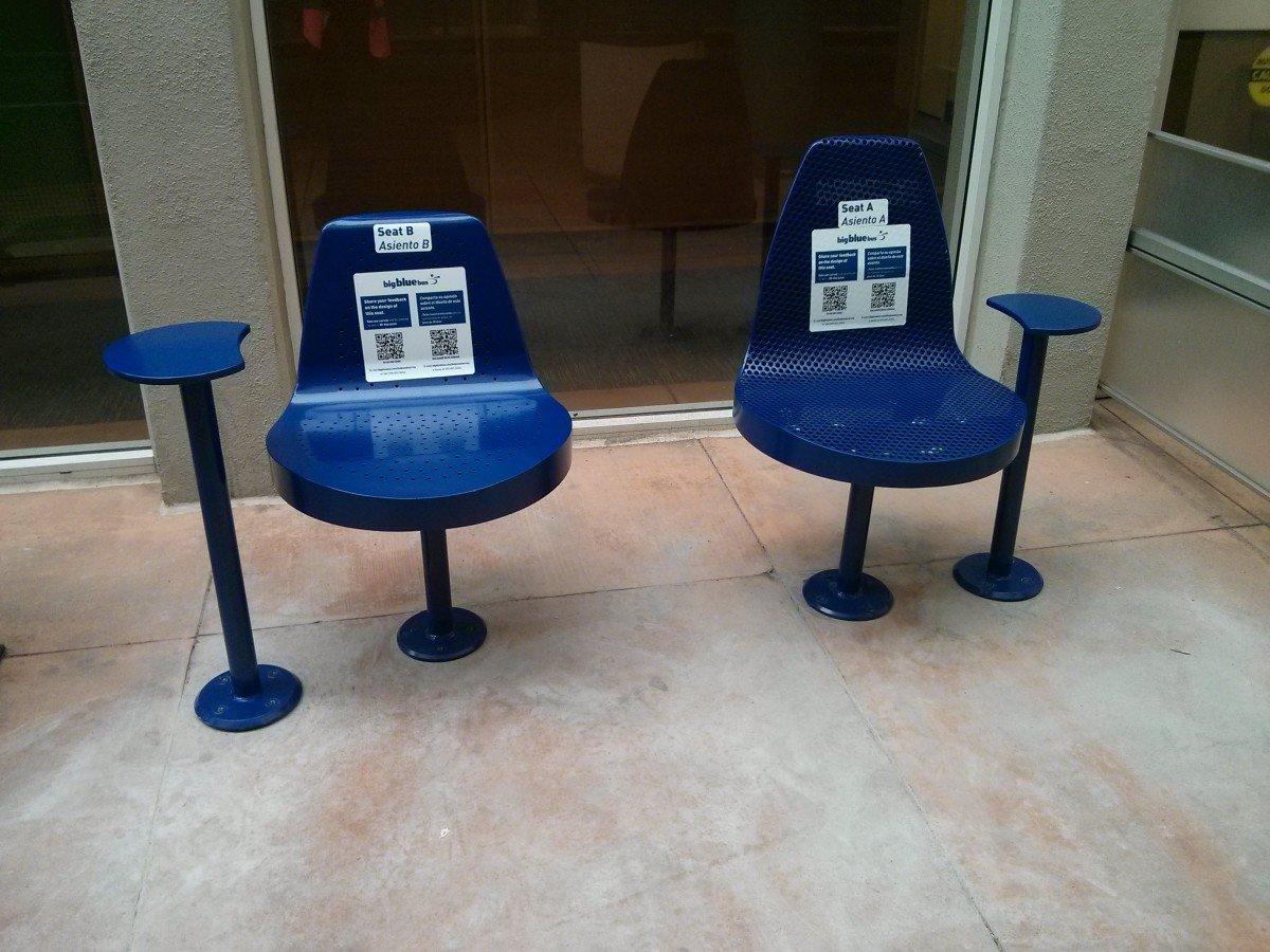 A side-by-side comparison of two redesigned seats proposed for Santa Monica's bus stop improvement project. (image courtesy of the Big Blue Bus)