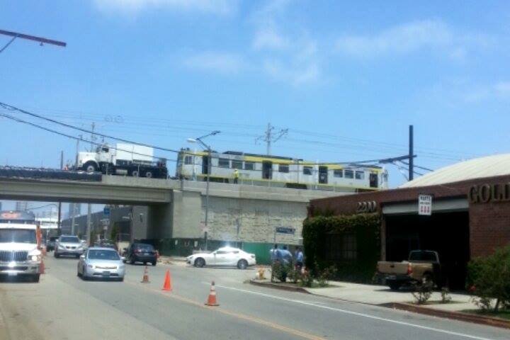 Expo test train crosses bridge at Centinela Boulevard