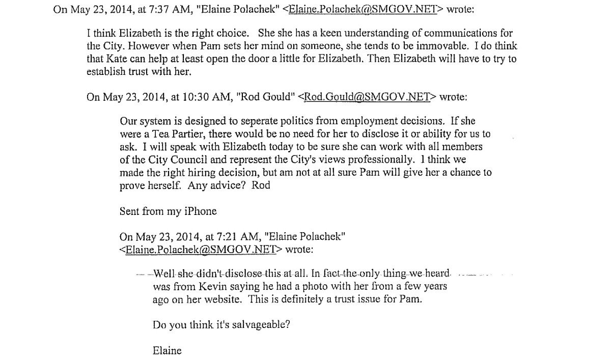 Emails between Gould and Elaine Polachek Friday morning.