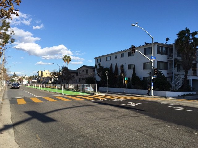 Santa Monica's first protected bike lane runs down the center of Pico near Santa Monica High School. All photos courtesy of Cynthia Rose/Santa Monica Spoke.