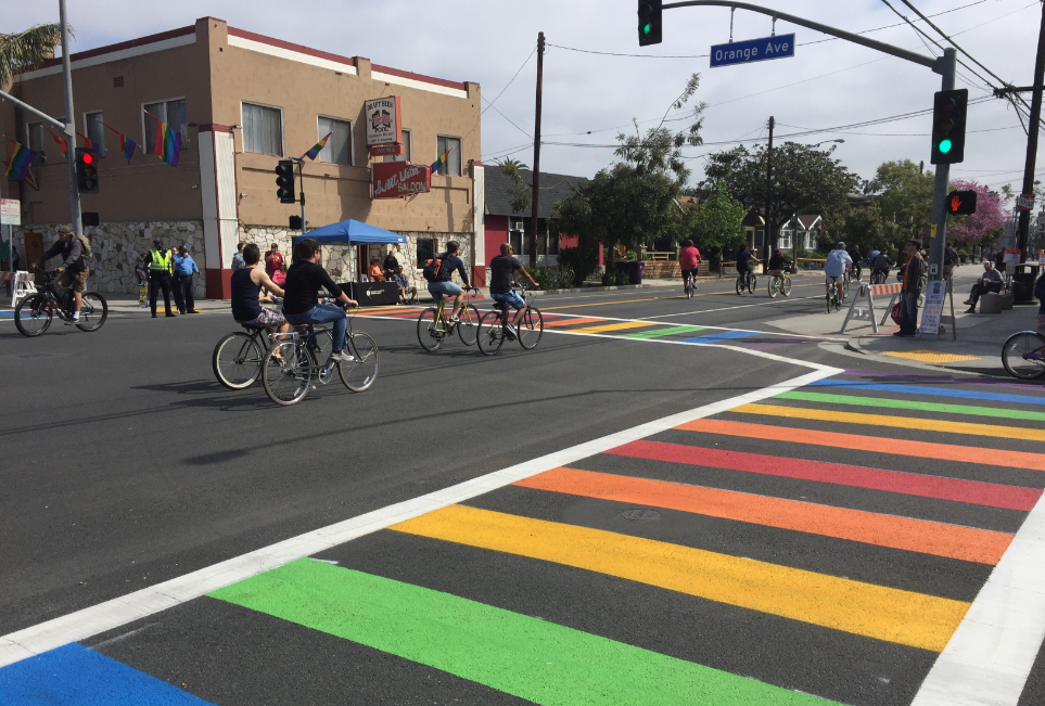 Crosswalks in Long Beach decorated with rainbow colors celebrate the city's long history of LGBT culture. Photos by Joe Linton/SBLA